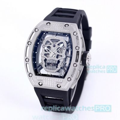 Richard Mille RM 52-01 Tourbillon Skull Replica Silver Pirate Diamond Watch